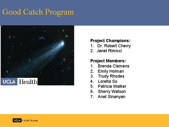 Good Catch Program Project Champions: 1. Dr. Robert Cherry 2. Janet Rimicci Project Members: