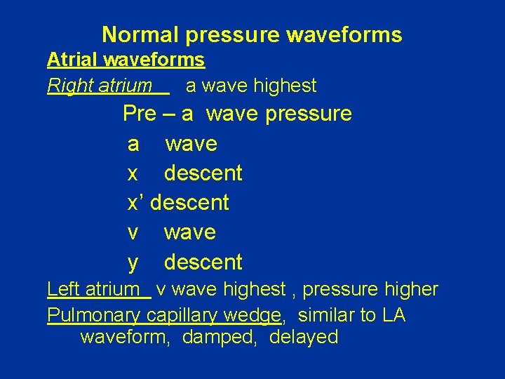 Normal pressure waveforms Atrial waveforms Right atrium a wave highest Pre – a wave