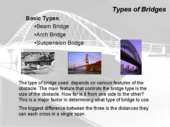 Types of Bridges Basic Types: • Beam Bridge • Arch Bridge • Suspension Bridge