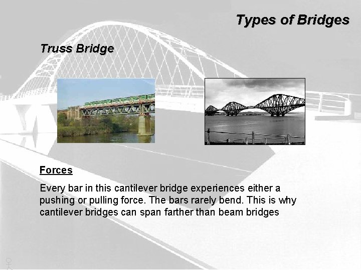 Types of Bridges Truss Bridge Forces Every bar in this cantilever bridge experiences either