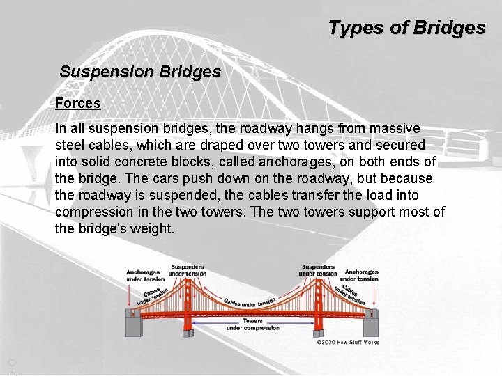 Types of Bridges Suspension Bridges Forces In all suspension bridges, the roadway hangs from