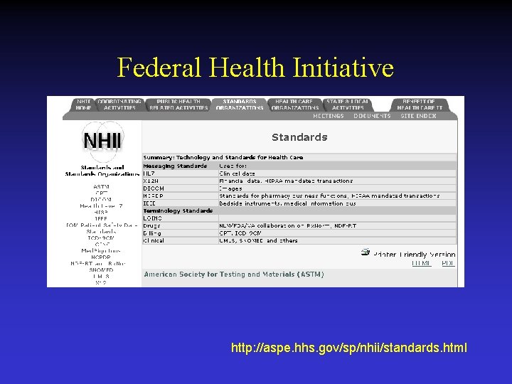 Federal Health Initiative http: //aspe. hhs. gov/sp/nhii/standards. html 