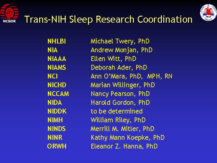 Trans-NIH Sleep Research Coordination NHLBI NIAAA NIAMS NCI NICHD NCCAM NIDA NIDDK NIMH NINDS