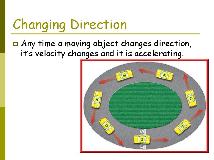 Changing Direction p Any time a moving object changes direction, it’s velocity changes and