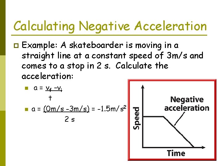 Calculating Negative Acceleration p Example: A skateboarder is moving in a straight line at