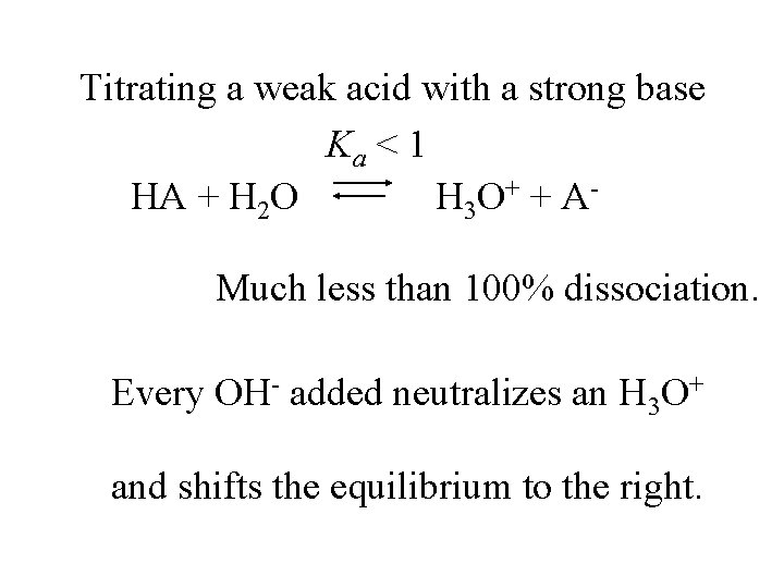 Titrating a weak acid with a strong base Ka < 1 HA + H