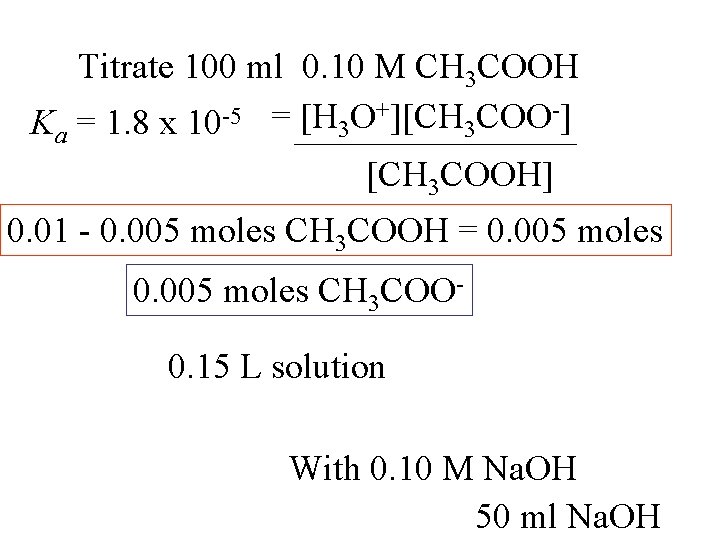 Titrate 100 ml 0. 10 M CH 3 COOH +][CH COO-] -5 = [H