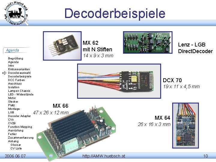 Decoderbeispiele MX 62 mit N Stiften Begrüßung Agenda Intro Einbauvarianten Decoderauswahl Decoderbeispiele DCC Farben