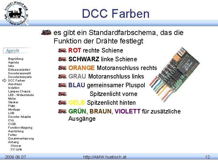 DCC Farben es gibt ein Standardfarbschema, das die Funktion der Drähte festlegt Begrüßung Agenda