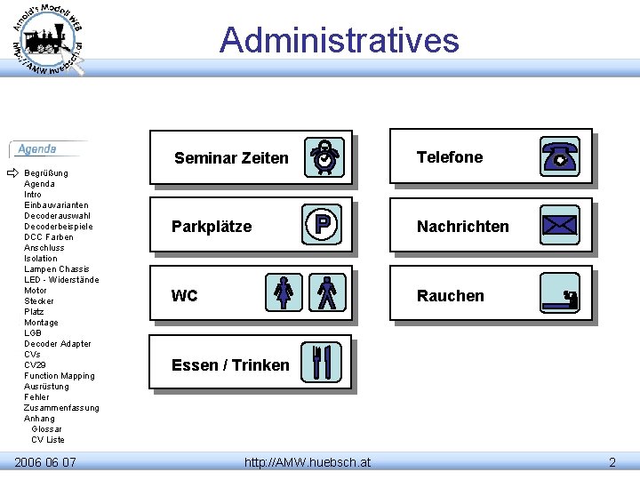 Administratives Begrüßung Agenda Intro Einbauvarianten Decoderauswahl Decoderbeispiele DCC Farben Anschluss Isolation Lampen Chassis LED