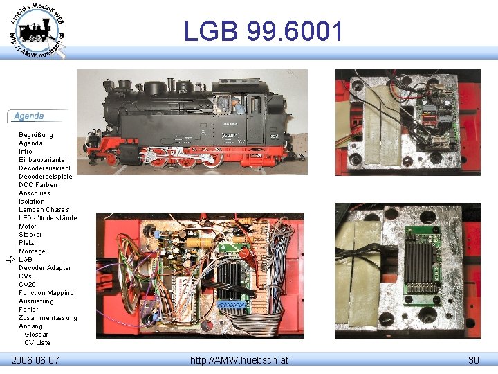 LGB 99. 6001 Begrüßung Agenda Intro Einbauvarianten Decoderauswahl Decoderbeispiele DCC Farben Anschluss Isolation Lampen