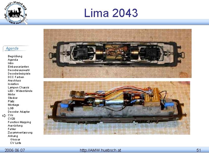 Lima 2043 Begrüßung Agenda Intro Einbauvarianten Decoderauswahl Decoderbeispiele DCC Farben Anschluss Isolation Lampen Chassis
