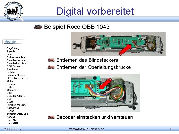 Digital vorbereitet Beispiel Roco ÖBB 1043 Begrüßung Agenda Intro Einbauvarianten Decoderauswahl Decoderbeispiele DCC Farben