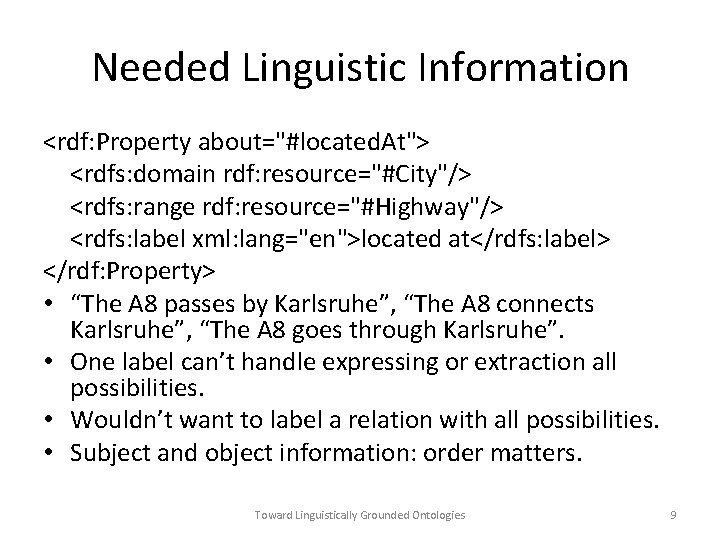 Needed Linguistic Information <rdf: Property about="#located. At"> <rdfs: domain rdf: resource="#City"/> <rdfs: range rdf: