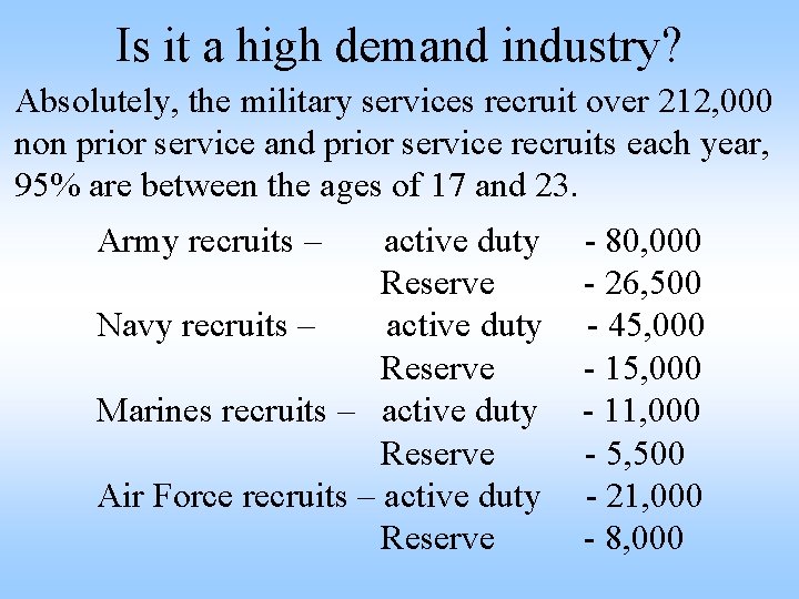 Is it a high demand industry? Absolutely, the military services recruit over 212, 000