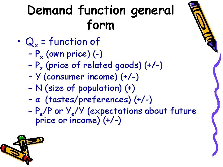 Demand function general form • Qx = function of – – – Px (own