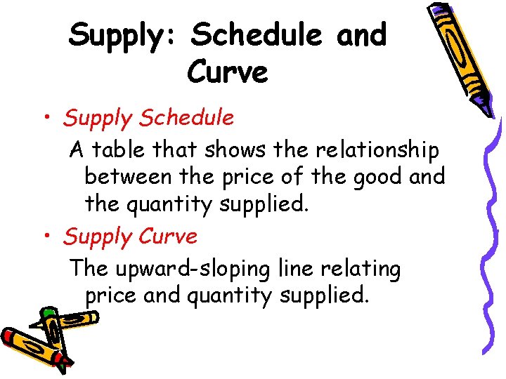 Supply: Schedule and Curve • Supply Schedule A table that shows the relationship between