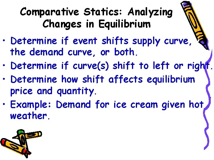 Comparative Statics: Analyzing Changes in Equilibrium • Determine if event shifts supply curve, the