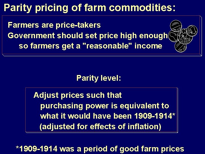 Parity pricing of farm commodities: Farmers are price-takers Government should set price high enough