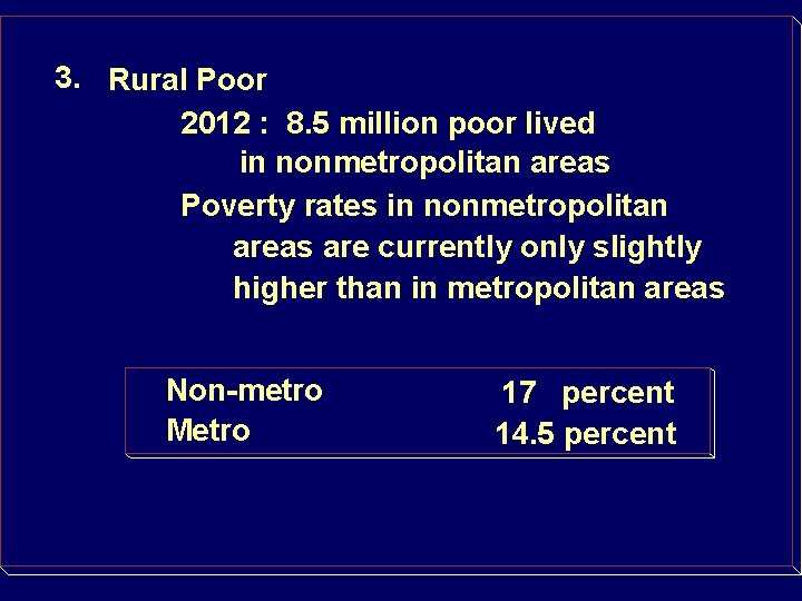 3. Rural Poor 2012 : 8. 5 million poor lived in nonmetropolitan areas Poverty