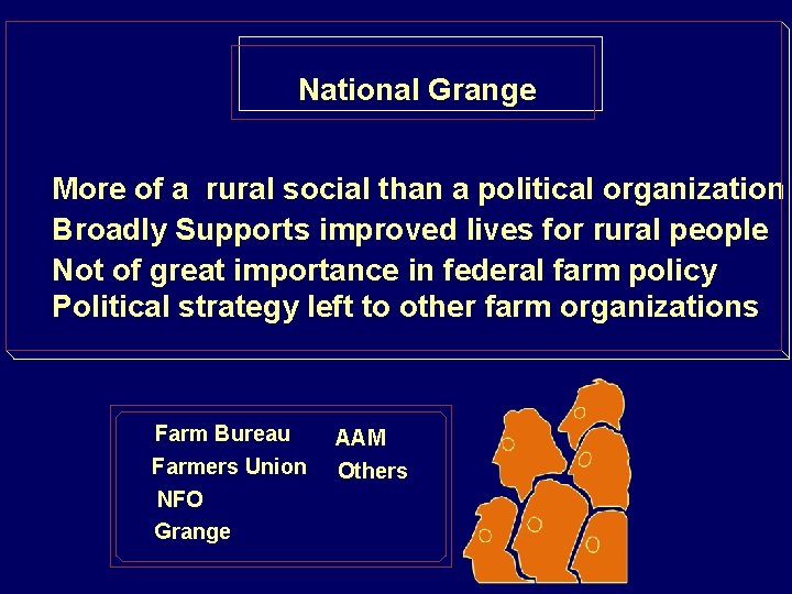 National Grange More of a rural social than a political organization Broadly Supports improved