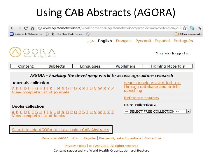 Using CAB Abstracts (AGORA) 