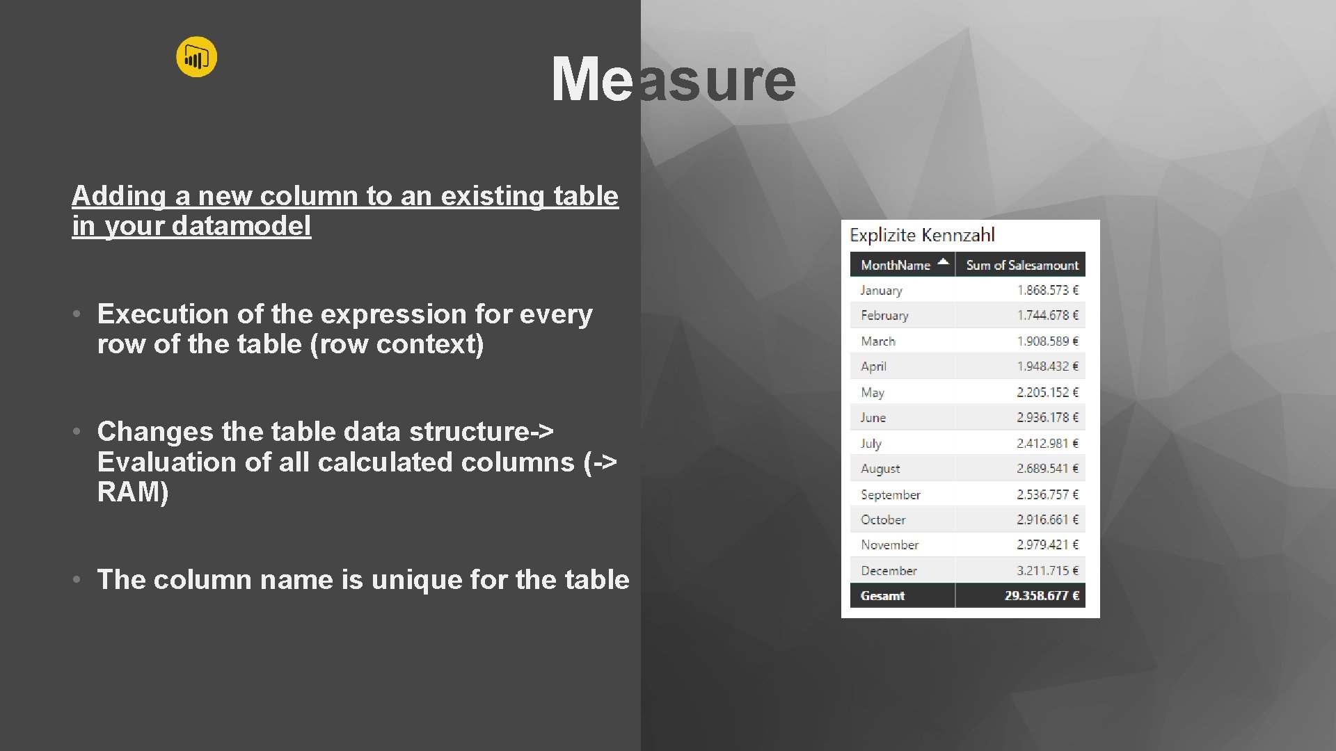 Measure Adding a new column to an existing table in your datamodel • Execution