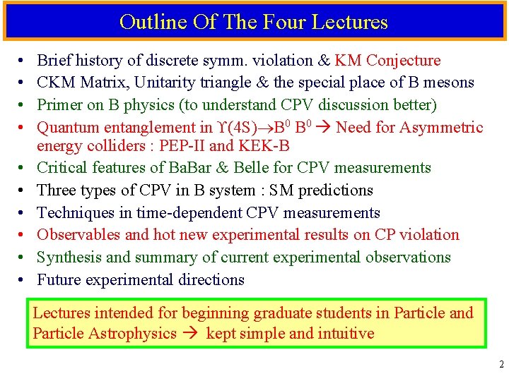 Outline Of The Four Lectures • • • Brief history of discrete symm. violation