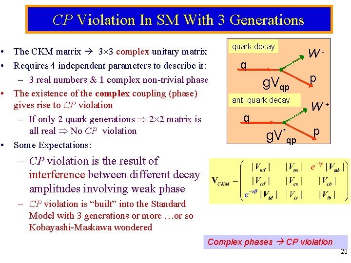 CP Violation In SM With 3 Generations • The CKM matrix 3 3 complex