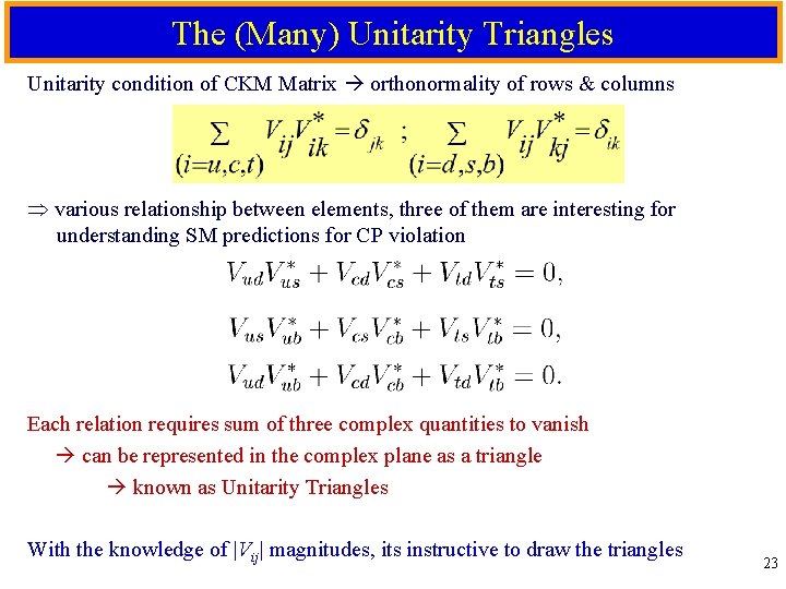 The (Many) Unitarity Triangles Unitarity condition of CKM Matrix orthonormality of rows & columns