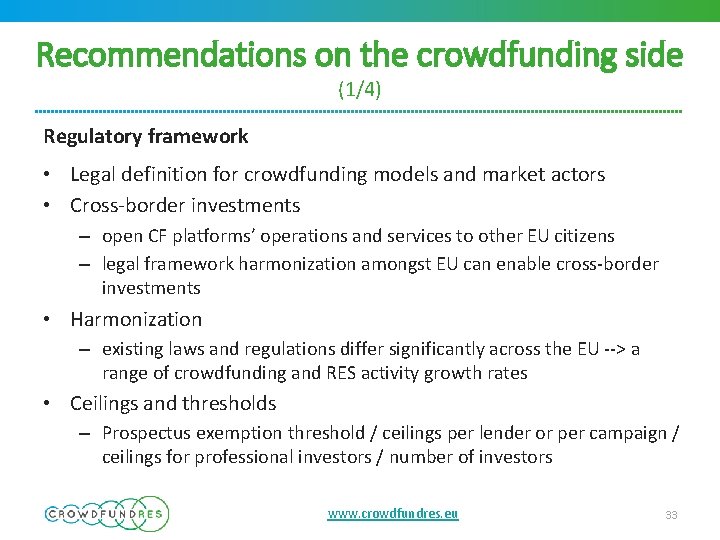 Recommendations on the crowdfunding side (1/4) Regulatory framework • Legal definition for crowdfunding models