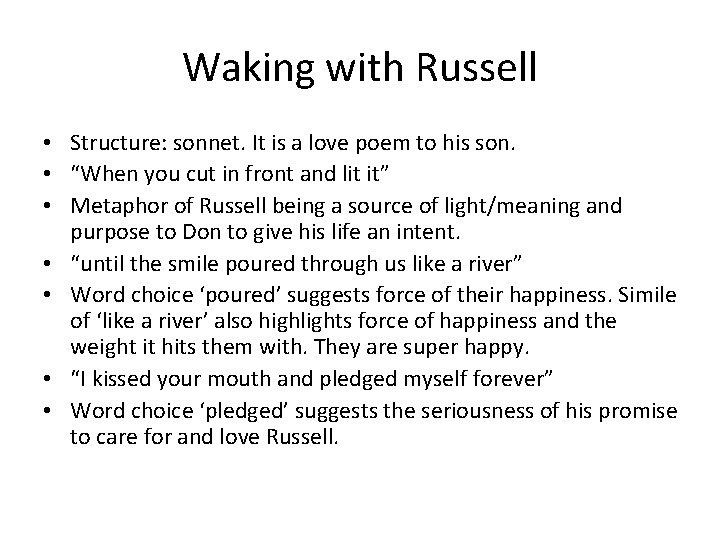 Waking with Russell • Structure: sonnet. It is a love poem to his son.