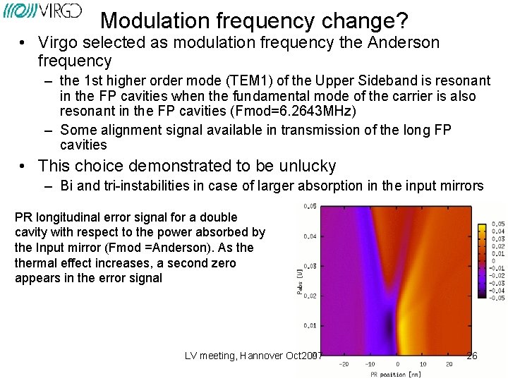 Modulation frequency change? • Virgo selected as modulation frequency the Anderson frequency – the