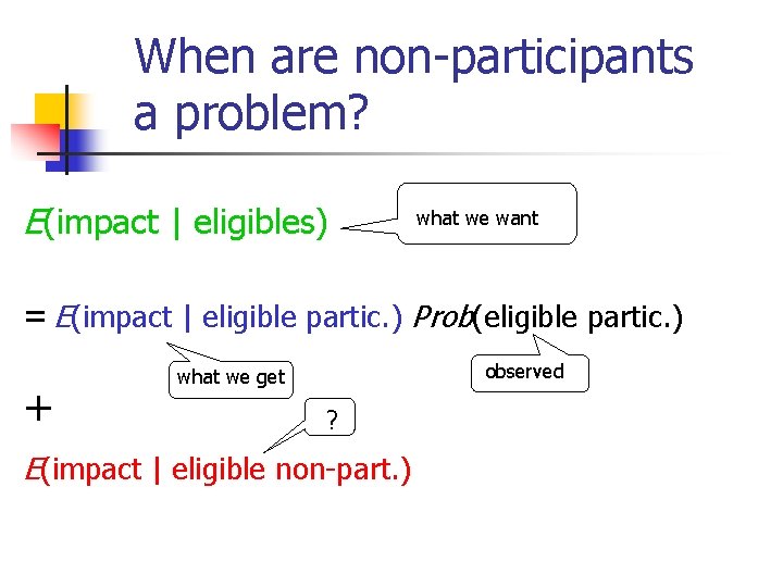 When are non-participants a problem? E(impact | eligibles) what we want = E(impact |