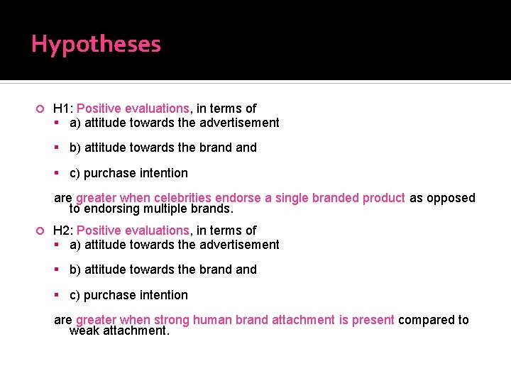 Hypotheses H 1: Positive evaluations, in terms of a) attitude towards the advertisement b)