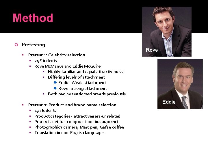 Method Pretesting Pretest 1: Celebrity selection Rove ▪ 25 Students ▪ Rove Mc. Manus