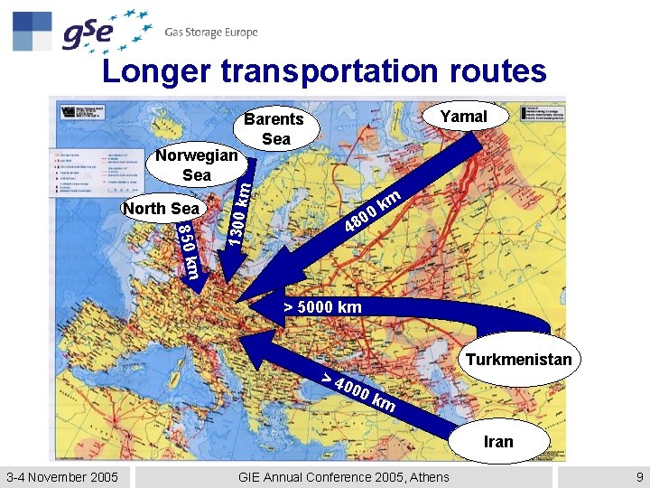 Longer transportation routes North Sea 850 k 1300 k m Norwegian Sea Yamal Barents