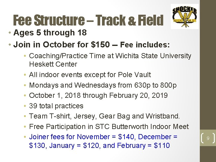 Fee Structure – Track & Field • Ages 5 through 18 • Join in