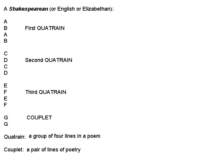 A Shakespearean (or English or Elizabethan): A B First QUATRAIN A B C D