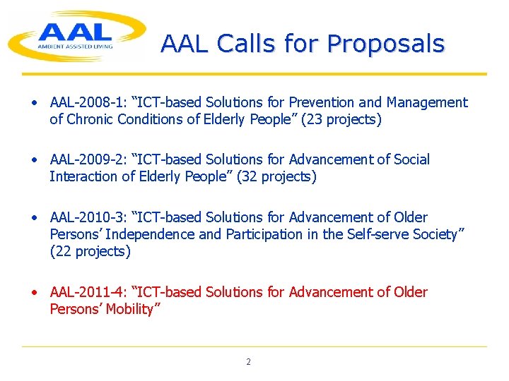AAL Calls for Proposals • AAL-2008 -1: “ICT-based Solutions for Prevention and Management of