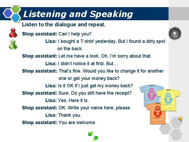 Listening and Speaking Listen to the dialogue and repeat. Shop assistant: Can I help