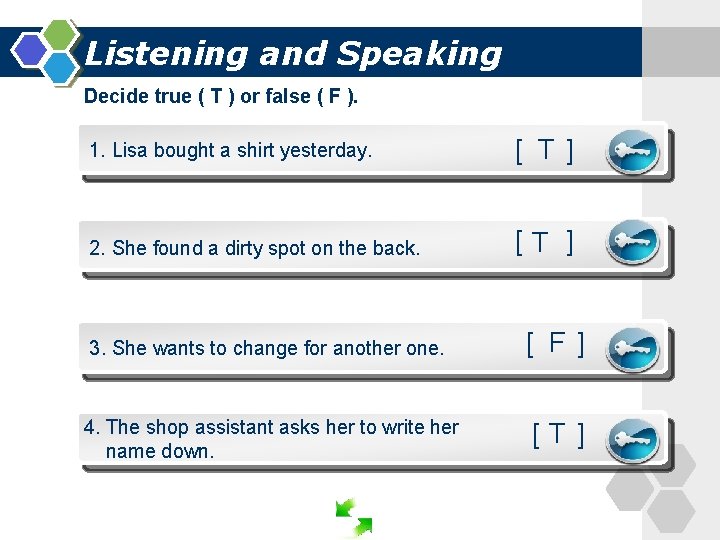 Listening and Speaking Decide true ( T ) or false ( F ). 1.