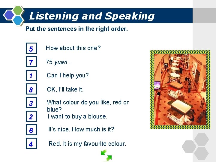 Listening and Speaking Put the sentences in the right order. 5 How about this