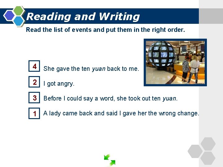 Reading and Writing Read the list of events and put them in the right