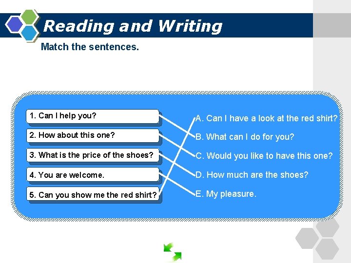 Reading and Writing Match the sentences. 1. Can I help you? A. Can I