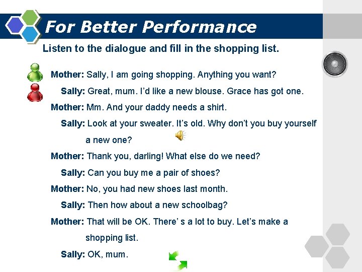 For Better Performance Listen to the dialogue and fill in the shopping list. Mother: