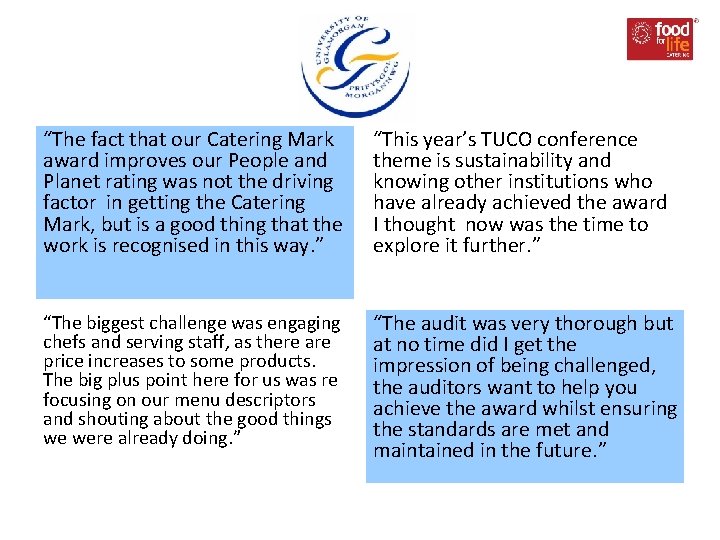 “The fact that our Catering Mark award improves our People and Planet rating was