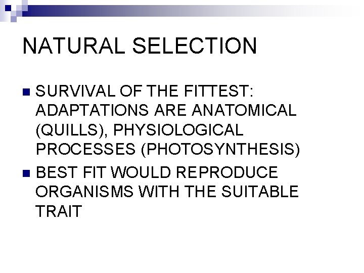 NATURAL SELECTION SURVIVAL OF THE FITTEST: ADAPTATIONS ARE ANATOMICAL (QUILLS), PHYSIOLOGICAL PROCESSES (PHOTOSYNTHESIS) n