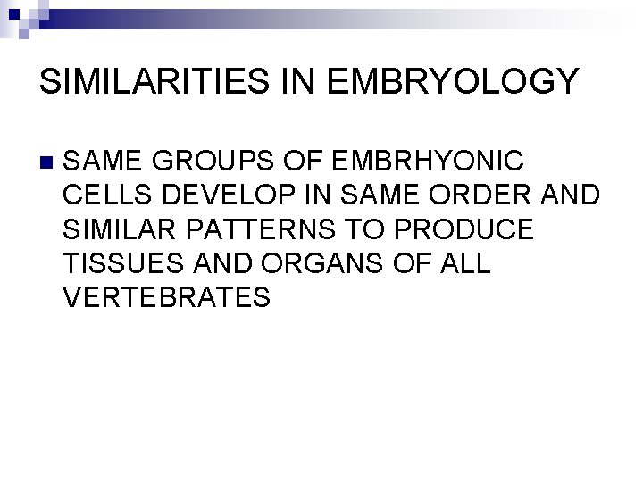 SIMILARITIES IN EMBRYOLOGY n SAME GROUPS OF EMBRHYONIC CELLS DEVELOP IN SAME ORDER AND