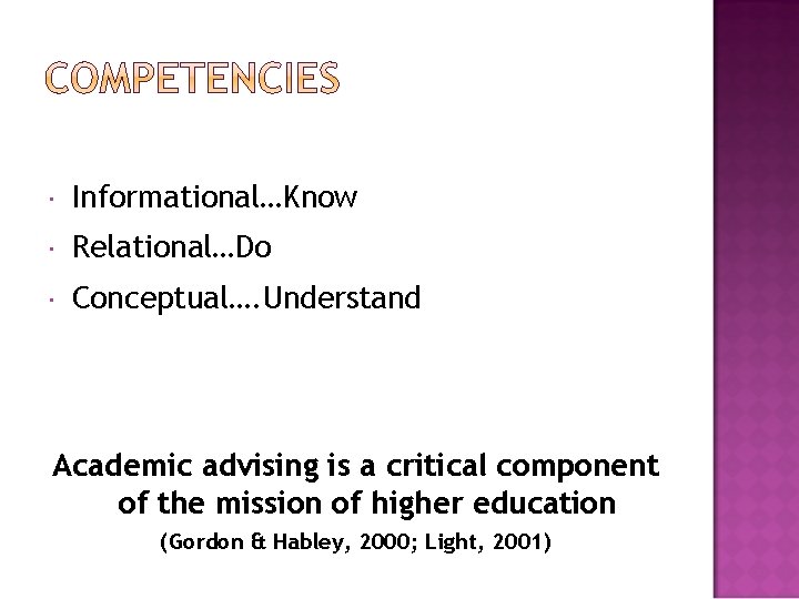  Informational…Know Relational…Do Conceptual…. Understand Academic advising is a critical component of the mission
